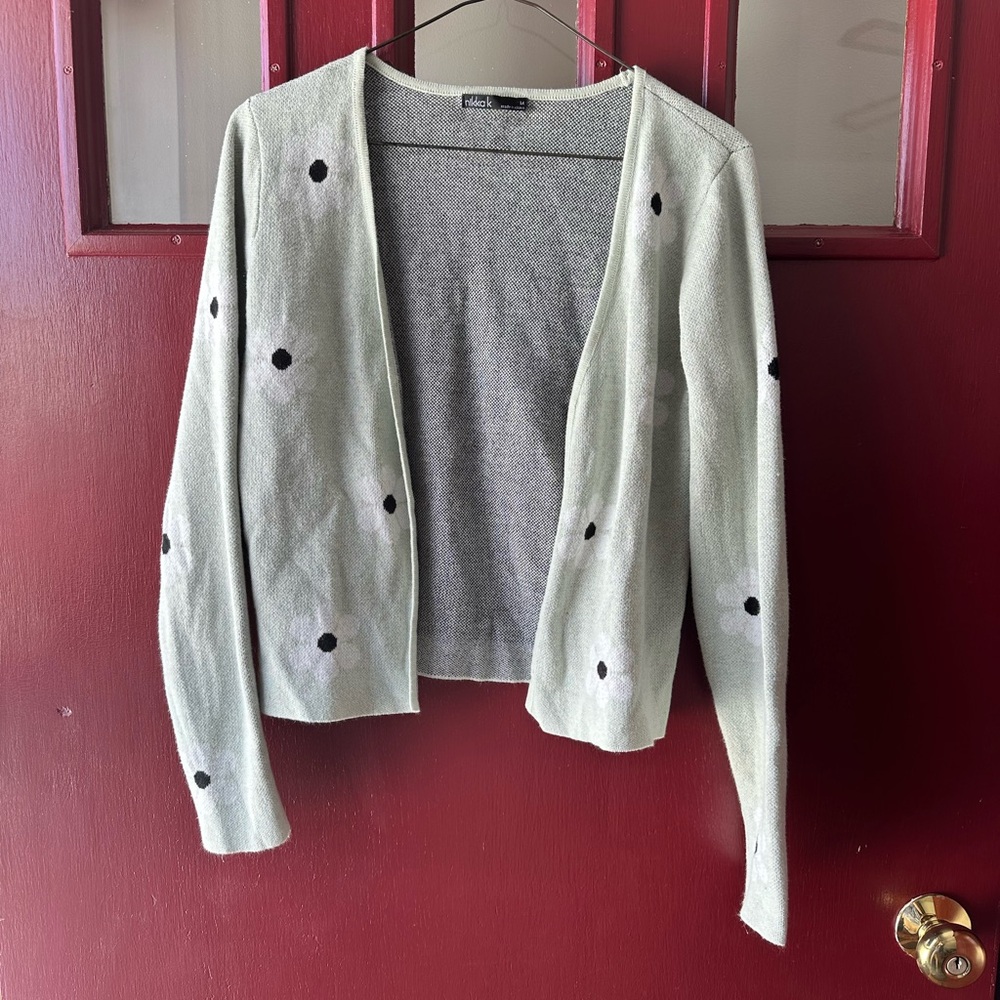 Nikka k Light Gray Polka Dot Cardigan with Flower Design